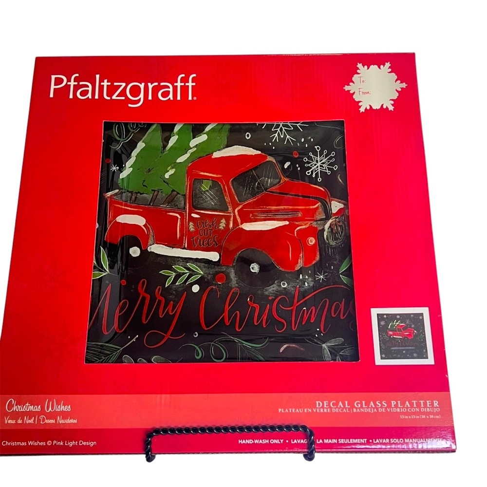 Pfaltzgraff Christmas Glass Platter Featuring a Red Pickup Truck & Xmas Tree NWT